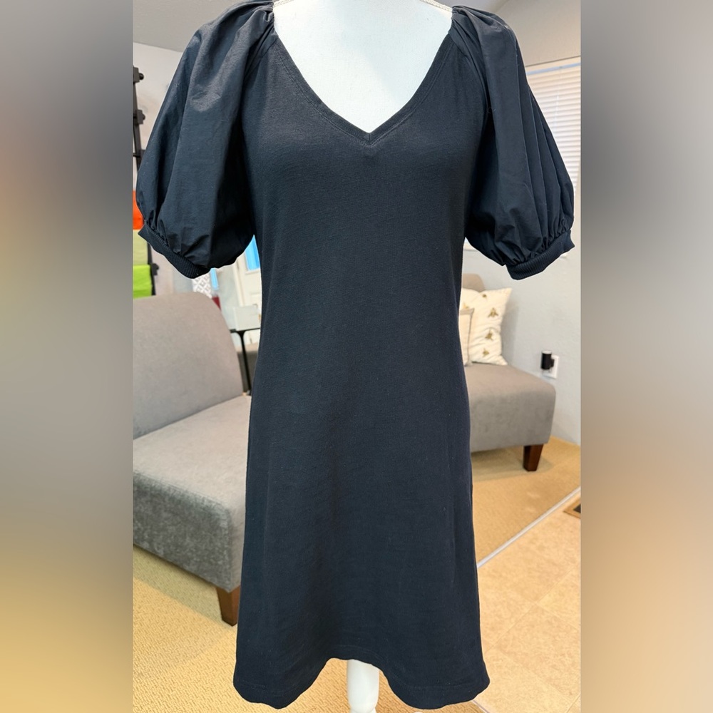 MAUVE by Anthropologie Black Knit Dress with Poplin Poof Sleeves